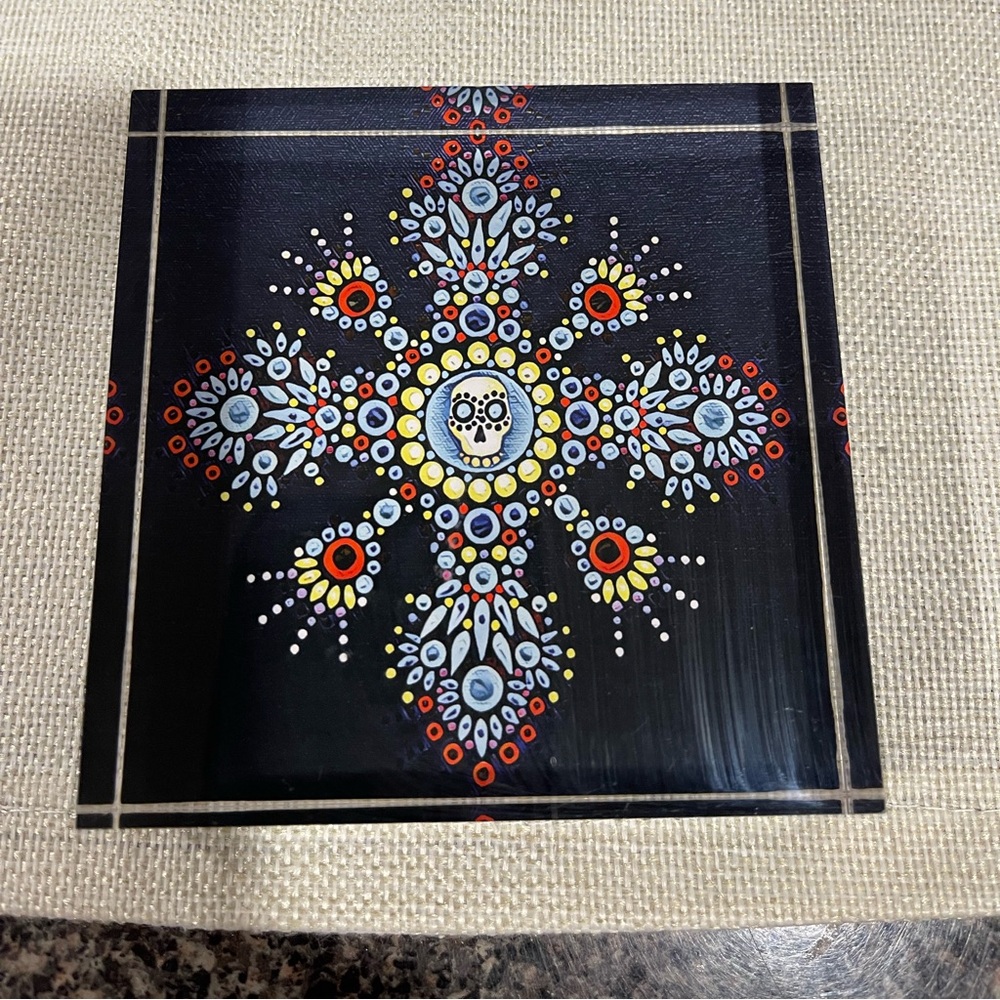 Lucite Paperweight/Decorative Skull Tile with Colorful Pattern